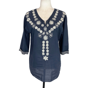 Johnny Was navy embroidered blouse